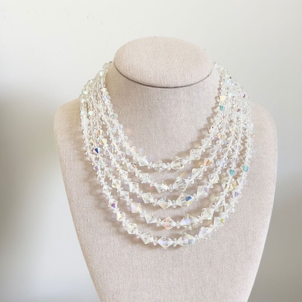 Vintage Clear Aurora Borealis AB Crystal Graduated 5 Row Multi Strand Necklace - Picture 2 of 10